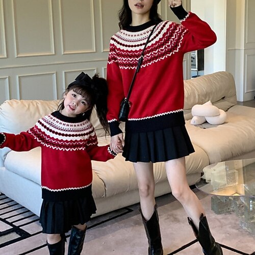 

Mommy and Me Tops Cotton Graphic Color Block Casual Red Long Sleeve Active Matching Outfits / Fall / Winter