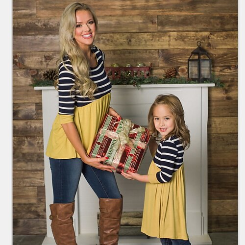 

Mommy and Me T shirt Stripe Casual Yellow Rose Red Long Sleeve Basic Matching Outfits
