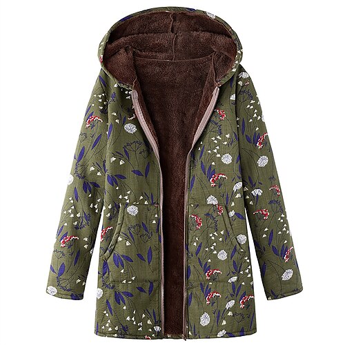 

Women's Plus Size Winter Jacket Fleece Jacket Pocket Zip Up Floral Outdoor Holiday Long Sleeve Hoodie Regular Winter Fall Light Army Green Green Yellow L XL XXL 3XL 4XL