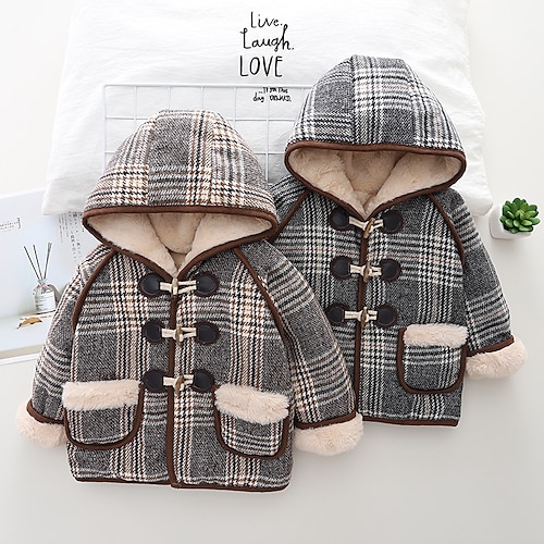 

Toddler Boys Woolen Coat Outerwear Plaid Long Sleeve Coat Outdoor Cotton Daily khaki Gray Winter Fall 3-7 Years