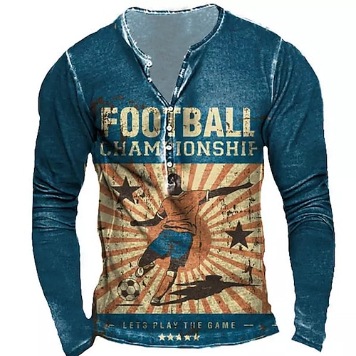 

Men's T shirt Tee Henley Shirt Tee Graphic Football Football player Henley Blue 3D Print Outdoor Daily Long Sleeve Button-Down Print Clothing Apparel Basic Designer Classic Comfortable / Sports