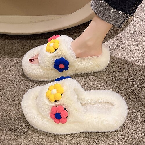 

Women's Slippers Daily Furry Feather Fuzzy Slippers Fluffy Slippers House Slippers Flat Heel Open Toe Casual Synthetics Loafer Solid Colored Black Khaki White