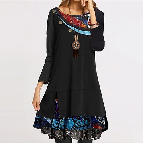 

Women's Casual Dress Black Dress Midi Dress Black Dark Blue Long Sleeve Floral Print Winter Fall Autumn Crew Neck Mature Winter Dress Weekend Fall Dress 2022 S M L XL XXL 3XL 4XL