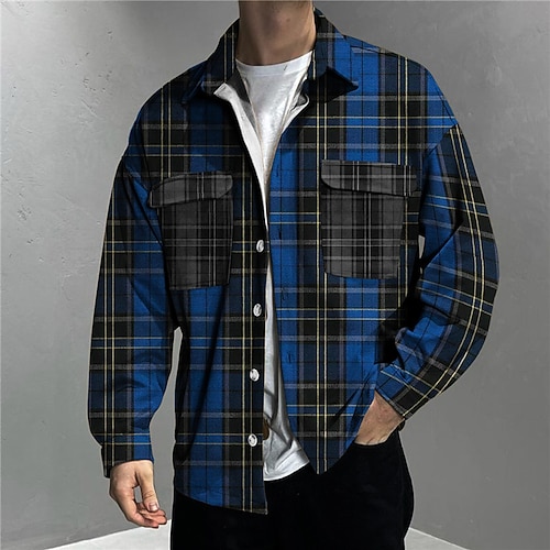

Men's Jacket With Pockets Daily Wear Vacation Going out Single Breasted Turndown Streetwear Sport Casual Jacket Outerwear Plaid Front Pocket Print Blue / Long Sleeve