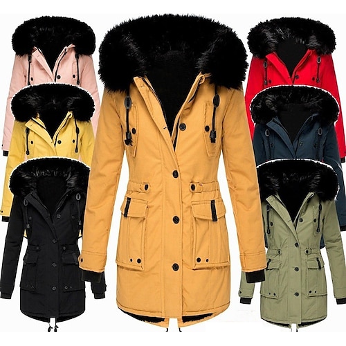 

Women's Padded jacket Parka Fleece Jacket Winter Drawstring Coat Outdoor Thermal Warm Windproof Fleece Lining Breathable Outerwear Trench Coat Ski / Snowboard Fishing Climbing Dark Yellow Green Black