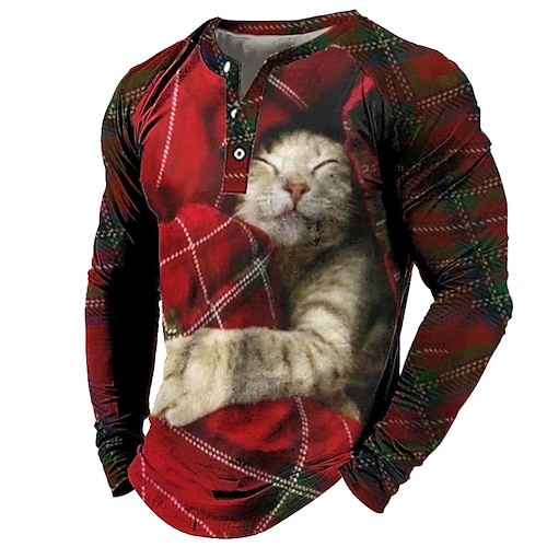 

Men's Henley Shirt T shirt Tee Tee Graphic Color Block Cat Henley Red 3D Print Outdoor Daily Long Sleeve Patchwork Button-Down Clothing Apparel Basic Designer Casual Classic