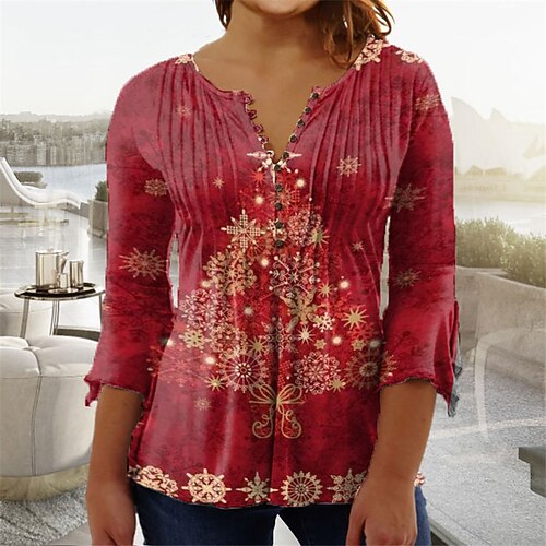 

Women's Plus Size Tops Blouse Shirt Christmas Tree Button Print 3/4 Length Sleeve V Neck Casual Christmas Daily Cotton Spandex Jersey Winter Fall Green Wine