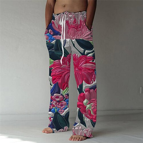 

Men's Trousers Beach Pants Drawstring Elastic Waist 3D Print Graphic Prints Graffiti Flower / Floral Comfort Breathable Casual Daily Holiday Streetwear Classic Style Blue Pink / Designer