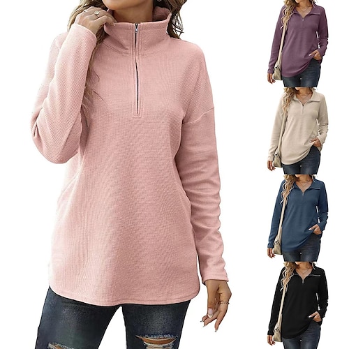 

Women's T shirt Tee Zipper Solid Color Basic V Neck Batwing Sleeve Thick Winter Blue Pink Apricot Black