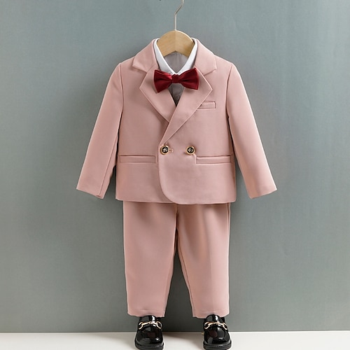

3 Pieces Kids Boys Suit Blazer Clothing Set Outfit Solid Color Long Sleeve Cotton Set Formal Cool Gentle Winter Fall 3-10 Years Black Pink