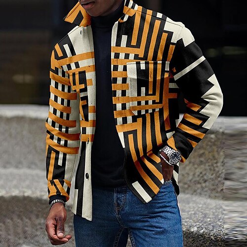 

Men's Coat With Pockets Daily Wear Vacation Going out Single Breasted Turndown Streetwear Sport Casual Jacket Outerwear Stripes and Plaid Front Pocket Button-Down Print Yellow