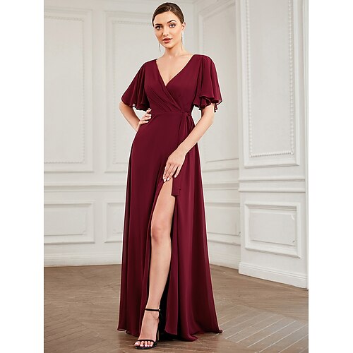 

A-Line Bridesmaid Dress V Neck Short Sleeve Elegant Floor Length Chiffon with Ruffles / Draping / Bandage 2022