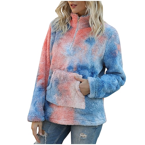 

Women's Sweatshirt Pullover Sherpa Fleece Teddy Zipper Front Pocket Purple Pink Orange Tie Dye Street V Neck Long Sleeve Fleece S M L XL 2XL