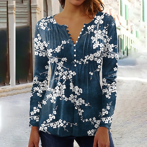 

Women's Shirt Green Blue Purple Floral Button Print 3/4 Length Sleeve Holiday Streetwear Round Neck Regular Floral S