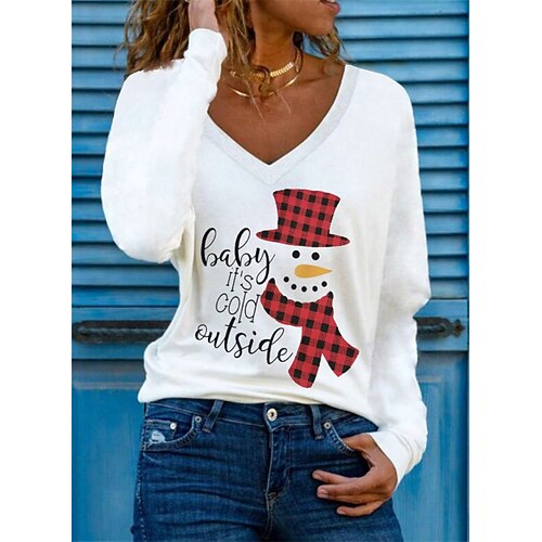 

Women's T shirt Tee Green Black Red Letter Santa Claus Patchwork Print Long Sleeve Christmas Casual Basic Christmas V Neck Regular Geometric S