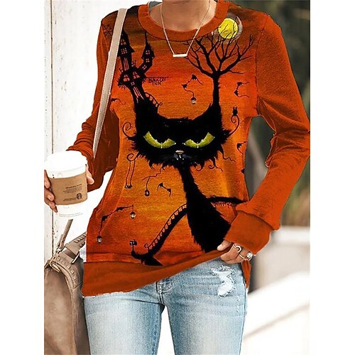 

Women's Hoodie Sweatshirt Pullover Streetwear Orange Cat Halloween Round Neck Long Sleeve S M L XL 2XL 3XL