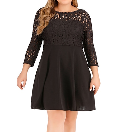 

Women's Plus Size Party Dress Pure Color Crew Neck 3/4 Length Sleeve Winter Fall Fashion Elegant Mini Dress Party Date Dress / Black Dress / Lace Dress