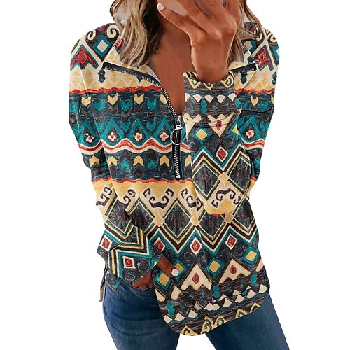 

Women's Sweatshirt Pullover Active Streetwear Zipper Blue Red Brown Geometric Stripes Street V Neck Long Sleeve S M L XL 2XL