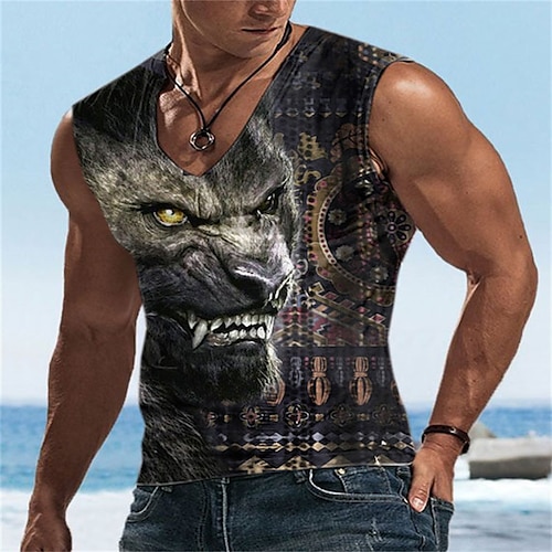 

Men's Undershirt Lion Templar Cross Graphic Prints V Neck Black Blue Gray White 3D Print Street Daily Sleeveless Print Clothing Apparel Basic Casual Classic Big and Tall