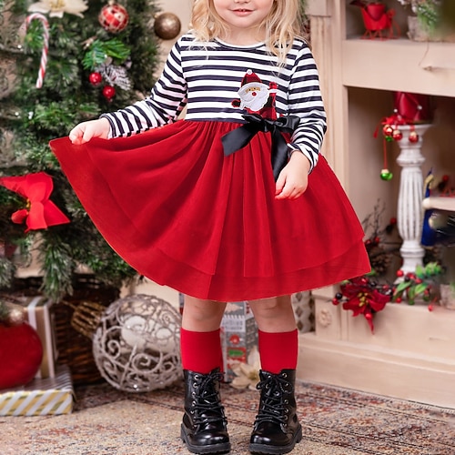 

Toddler Girls' Christmas Dress Santa Claus Stripe A Line Dress Outdoor Patchwork Crewneck Red Long Sleeve Fashion Dresses Christmas Winter Fall Regular Fit 3-7 Years