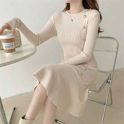 

Women's Sweater Dress Winter Dress Midi Dress Black Beige Long Sleeve Pure Color Ruffle Button Knit Winter Fall Crew Neck Stylish Elegant 2022 One-Size Sheath Dress