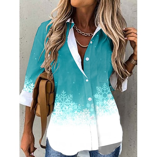 

Women's Blouse Shirt Button Print Christmas Christmas Tree Snowflake Streetwear Casual Shirt Collar Green Blue Pink Red / Long Sleeve