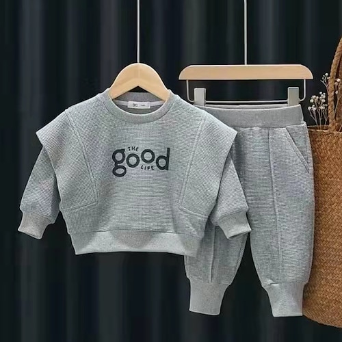 

2 Pieces Kids Boys Hoodie Pants Clothing Set Outfit Solid Color Letter Long Sleeve Cotton Set Vacation Daily Casual Winter Fall 1-5 Years Beige Gray