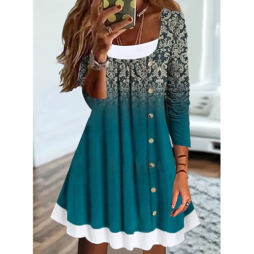 

Women's Casual Dress Swing Dress Short Mini Dress Blue 3/4 Length Sleeve Floral Button Print Fall Winter U Neck Stylish Casual 2022 S M L XL XXL 3XL