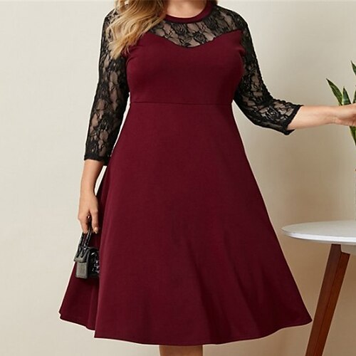 

Women's Plus Size A Line Dress Solid Color Crew Neck 3/4 Length Sleeve Winter Fall Stylish Elegant Formal Midi Dress Formal Holiday Dress