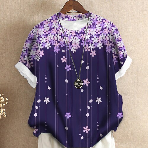 

Women's Plus Size Tops T shirt Tee Floral Print Short Sleeve Crewneck Streetwear Daily Sports Cotton Spandex Jersey Spring Summer Green Purple
