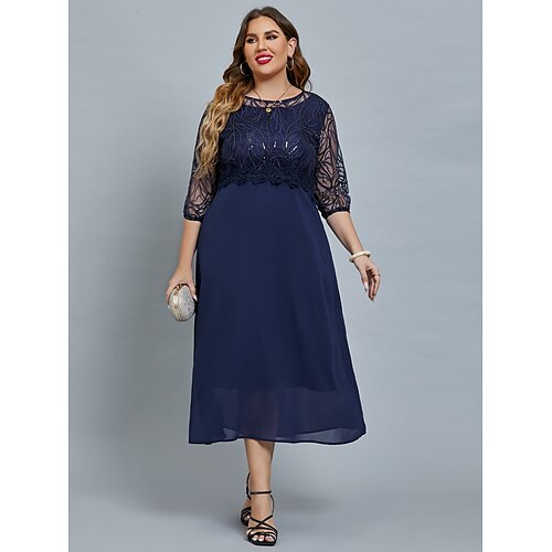 

Women's Plus Size Curve Party Dress Floral Crew Neck Print 3/4 Length Sleeve Fall Spring Elegant Prom Dress Maxi long Dress Formal Party Dress / Mesh