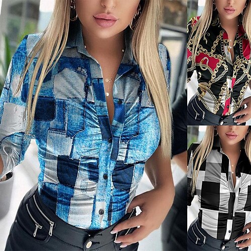 

Women's Blouse Button Print Modern Shirt Collar Spring, Fall, Winter, Summer Black Red Blue plaid Black and white plaid