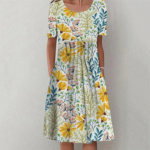 

Women's Casual Dress Shift Dress Yellow Short Sleeve Floral Ruched Spring Summer Crew Neck Slim 2022 S M L XL XXL 3XL