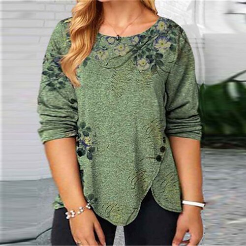 

Women's Plus Size Tops T shirt Tee Floral Print Long Sleeve Casual Daily Going out Polyester Winter Fall Green khaki