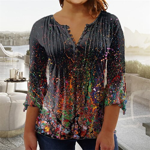 

Women's Plus Size Tops Blouse Shirt Floral Button Print 3/4 Length Sleeve V Neck Casual Daily Vacation Cotton Spandex Jersey Winter Fall Blue Yellow