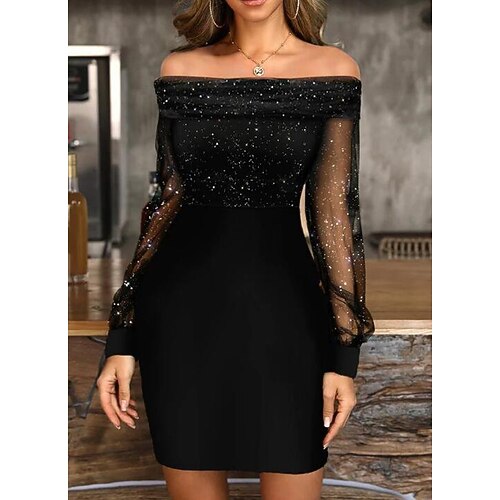 

Women's Party Dress Short Mini Dress Short Mini Dress Black Long Sleeve Print Mesh Fall Winter Off Shoulder Stylish Modern 2022 S M L XL XXL 3XL