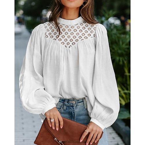 

Women's Blouse Shirt White Black Plain Lace Mesh Long Sleeve Work Casual Elegant Round Neck Regular S