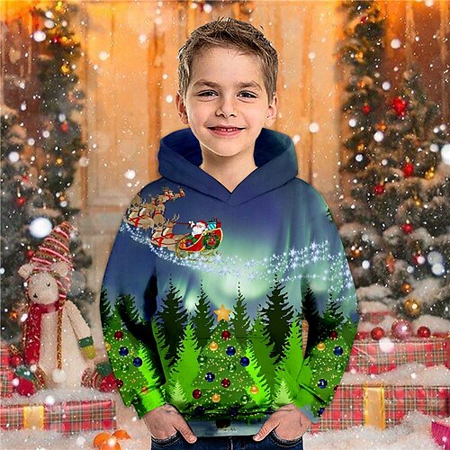 

Kids Boys Ugly Christmas Hoodie Pullover Santa Claus Elk Christmas Tree Long Sleeve Pocket Children Top Christmas Gifts Hoodie Vacation Fashion Blue Winter 7-13 Years Fall