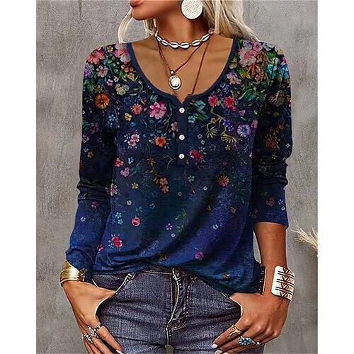 

Women's Henley Shirt Green Blue Floral Print Long Sleeve Home Casual Vintage U Neck Regular S