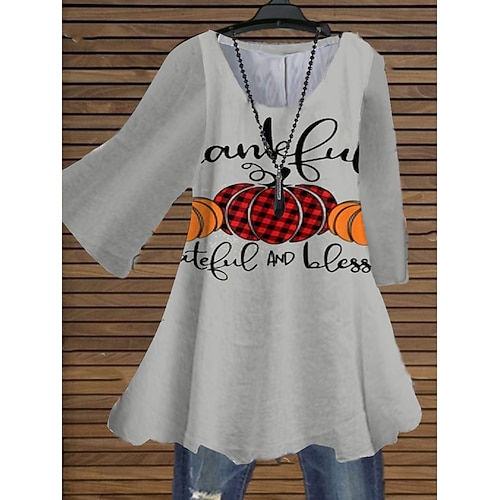 

Women's Plus Size Tops Blouse Shirt Letter Pumpkin Print 3/4 Length Sleeve Crewneck Casual Halloween Halloween Daily Cotton Spandex Jersey Fall Winter Orange Gray