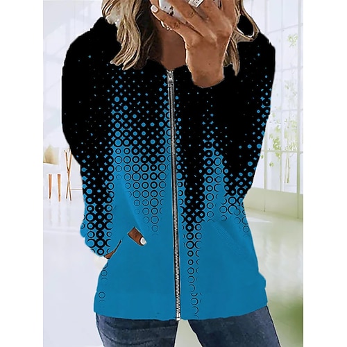 

Women's Zip Hoodie Sweatshirt Active Streetwear Zip Up Blue Polka Dot Street Hoodie Long Sleeve S M L XL 2XL 3XL
