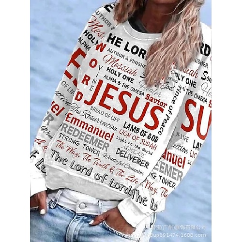 

Women's T shirt Tee Dark Gray Grey White Letter Print Long Sleeve Daily Weekend Basic Round Neck Regular Painting S
