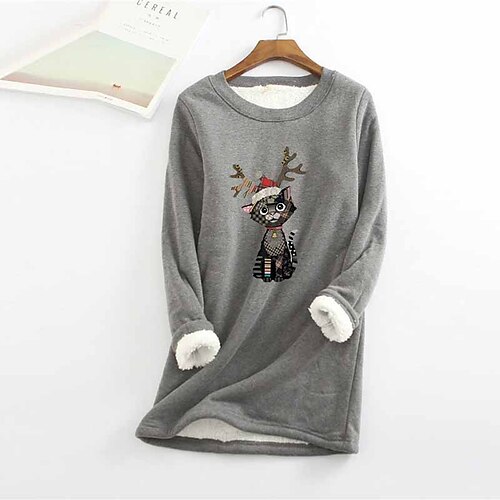 

Women's Plus Size Christmas Fleece Tops Animal Cat Print Long Sleeve Crew Neck Casual Sherpa Fleece Vacation Polyester Winter Fall Yellow Red / T Shirt Dress Tee Dress / Casual Dress