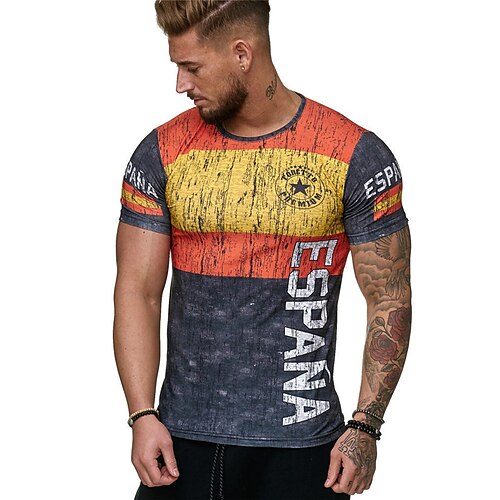 

Men's T shirt Tee Color Block Letter Graphic Prints Crew Neck Yellow 3D Print World Cup 2022 España Outdoor Street Short Sleeve Print Clothing Apparel Cotton Sports Designer Casual / Summer / Summer