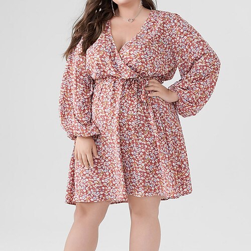 

Women's Plus Size A Line Dress Floral V Neck Long Sleeve Winter Fall Stylish Casual Short Mini Dress Daily Vacation Dress