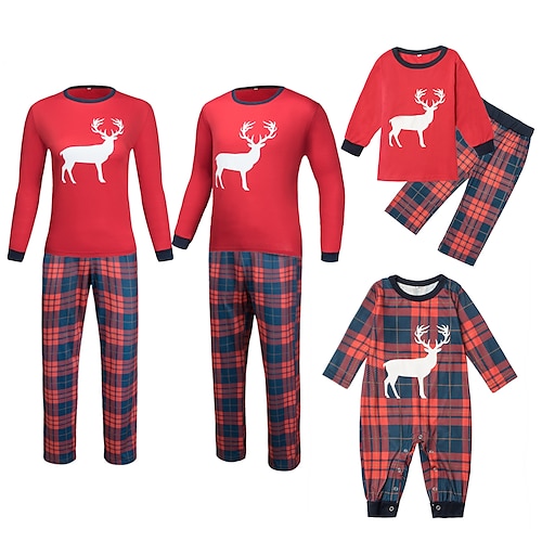 

Christmas Pajamas Family Set Ugly Plaid Deer Home Red Long Sleeve Mom Dad and Me Basic Matching Outfits