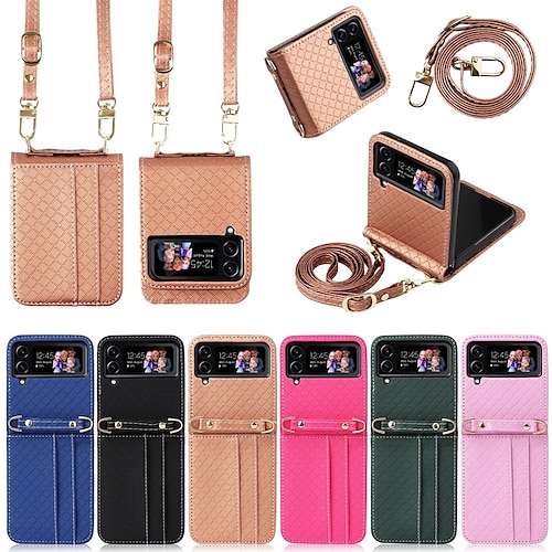 

Phone Case For Samsung Galaxy Handbag Purse Flip Z Flip 4 Z Flip 3 with Removable Cross Body Strap Card Holder Slots Shockproof Solid Colored Geometric Pattern PC PU Leather