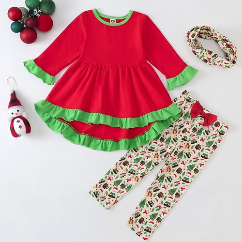 

2 Pieces Toddler Girls' Christmas Cartoon Clothing Set Set Long Sleeve Adorable School 3-7 Years Fall Red