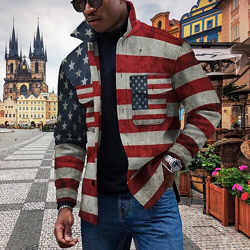 

Men's Coat With Pockets Daily Wear Vacation Going out Single Breasted Turndown Streetwear Casual Daily Outdoor Jacket Outerwear National Flag Pocket Print Dark Navy / Long Sleeve