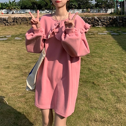 

Women's Sweatshirt Dress Winter Dress Green Pink Grey Long Sleeve Pure Color Ruffle Winter Fall Crew Neck Stylish Casual Fall Dress Loose Fit 2022 M XL 2XL 3XL